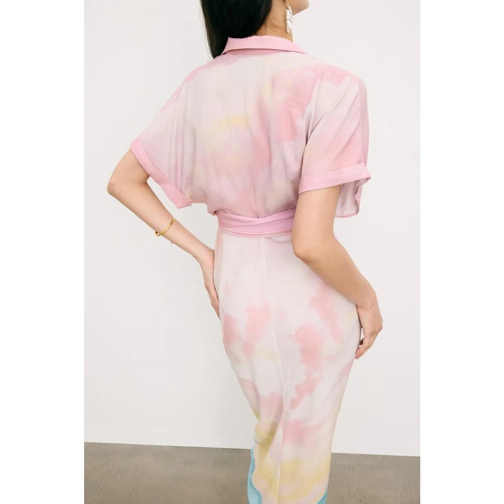 Le Superbe Sparkling Surf Miko Shirt Dress Short Sleeve Draped Midi Pink Ombre 4 - Picture 3 of 8